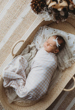 Load image into Gallery viewer, Sand Gingham Jersey Swaddle Stretch Wrap &amp; Beanie Set
