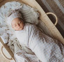 Load image into Gallery viewer, Sand Gingham Jersey Swaddle Stretch Wrap &amp; Beanie Set
